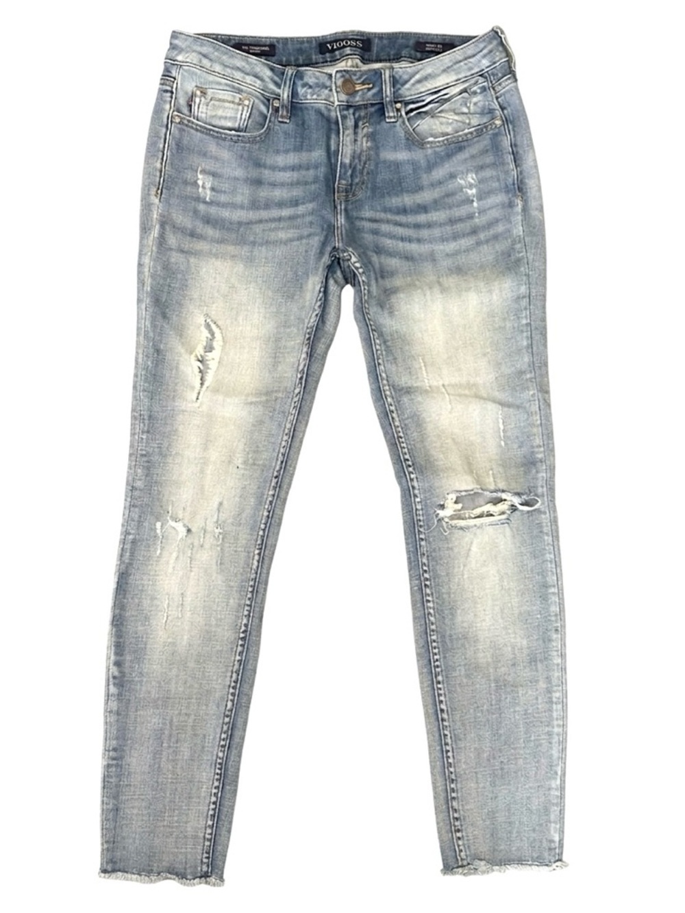 EUC Women’s Vigoss Distressed Light Blue Premium Denim Skinny Jeans Raw Hem 28